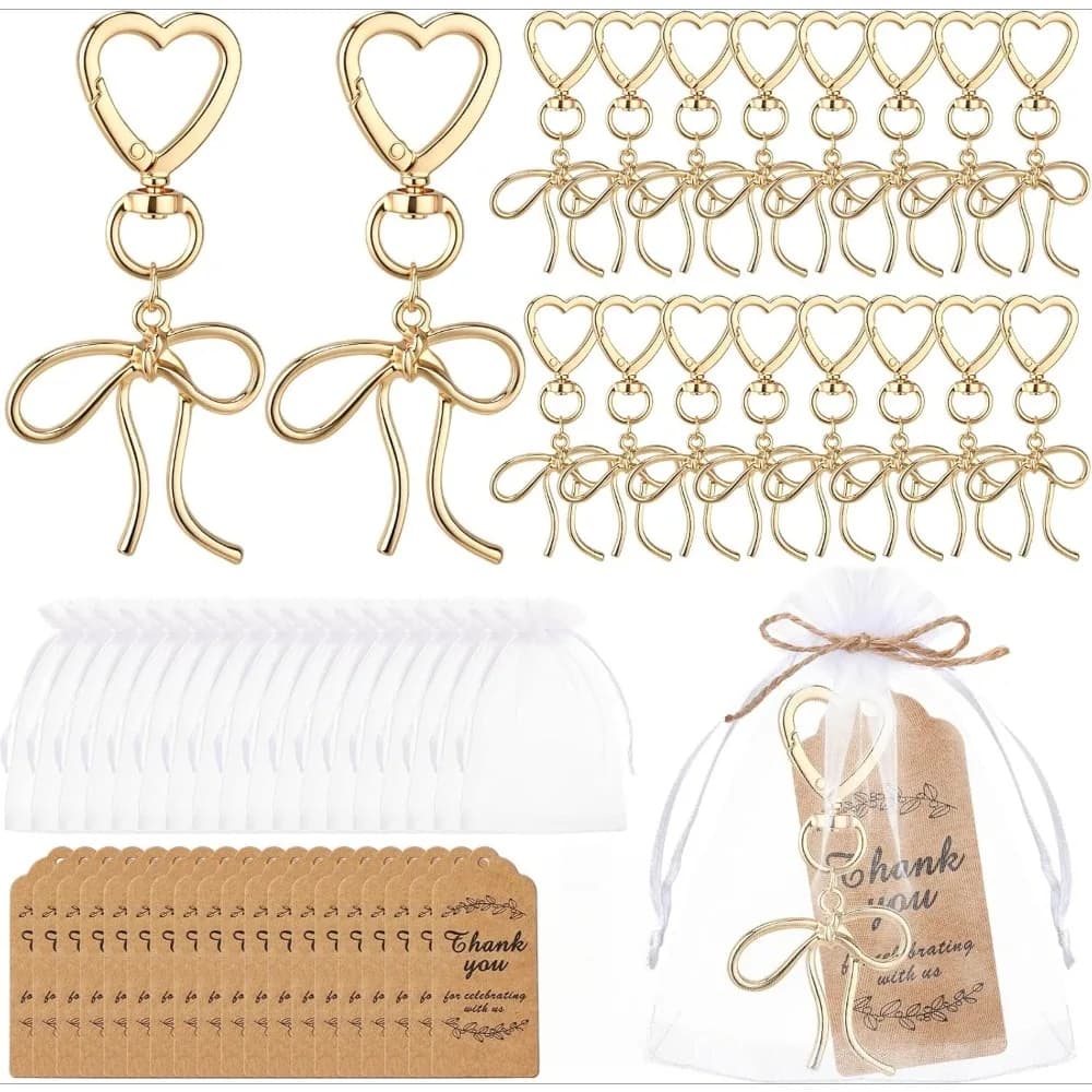 20/10/5 Set di Portachiavi con Fiocco Dorato e Ciondolo a Cuore con Sacchetto in Organza e Etichette Kraft, Bomboniere per Matrimonio e Addio al Nubilato, Regali per Ospiti