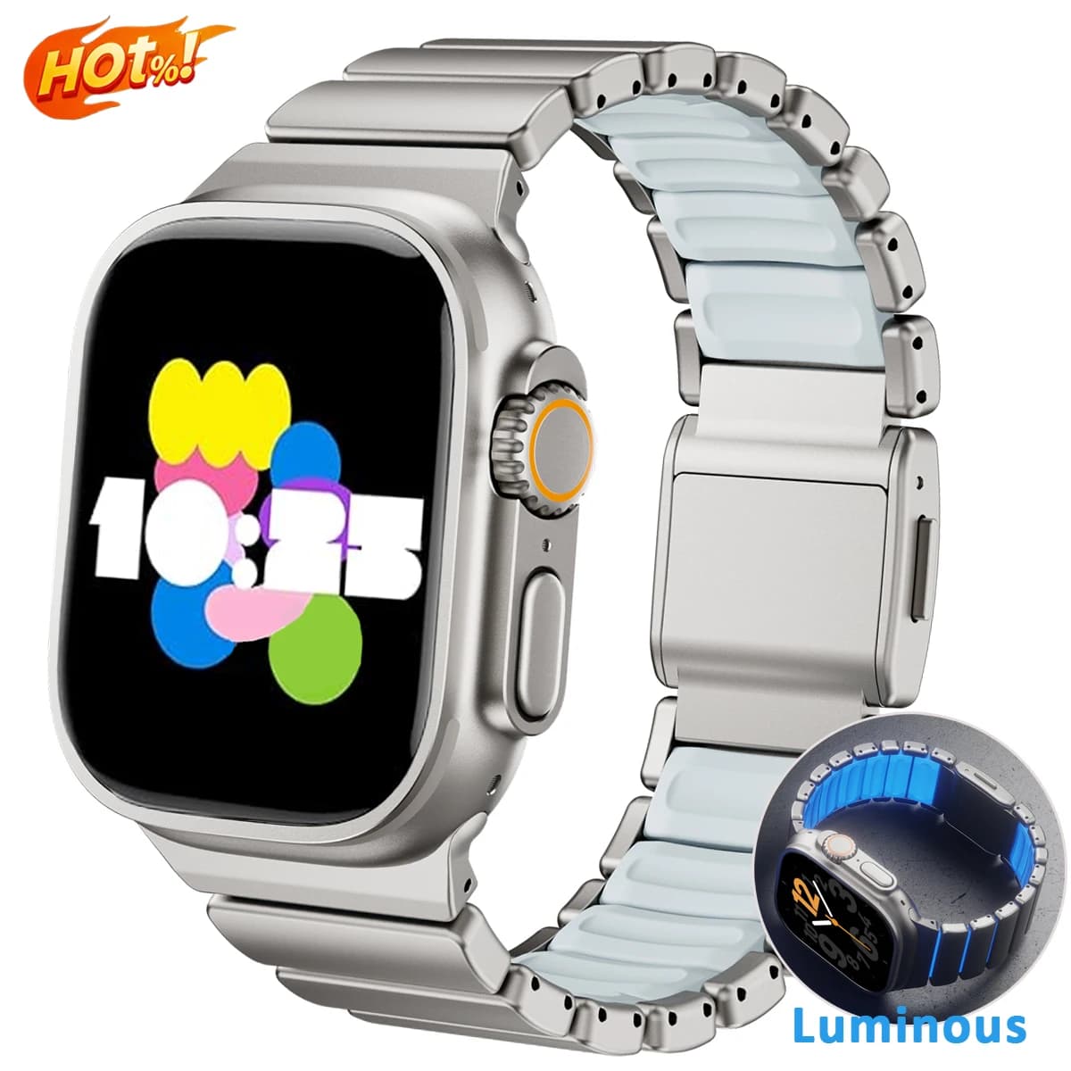 Cinturino Magnetico in Titanio per Apple Watch Ultra 3/2 49mm Serie 11/10 46mm, Cinturino in Silicone Luminoso per Iwatch 9 8 7 45mm SE3 44mm
