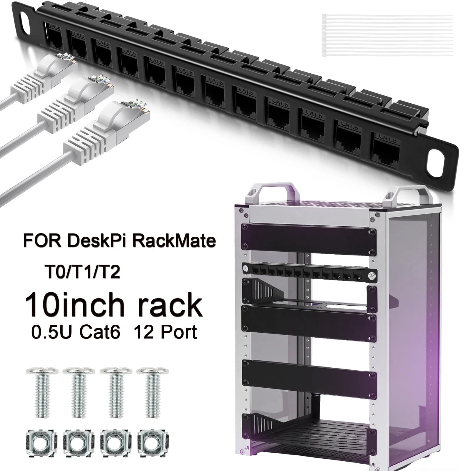 Patch Panel a 12 Porte Compatibile con DeskPi RackMate T1/T0/T2 10 Pollici 0.5U CAT6 per Server Rack/Armadio di Rete
