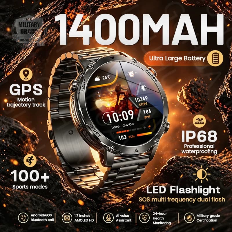 Nuovo Smartwatch Militare da Uomo 2026 con Batteria da 1400mAh, GPS, SOS, Torcia, Impermeabile IP68, Chiamate Bluetooth, Display AMOLED HD, Orologio Sportivo