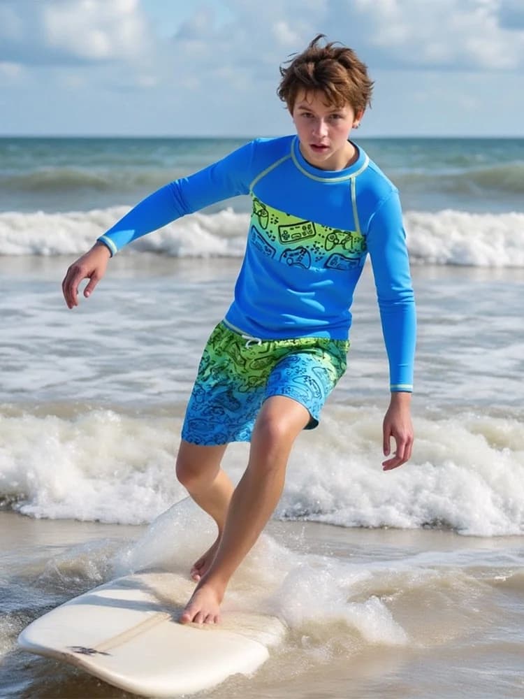 Costume da bagno per bambini 2026 Nuovo blu sfumato con stampa console di gioco, maniche lunghe, pantaloncini, per l'estate e la spiaggia