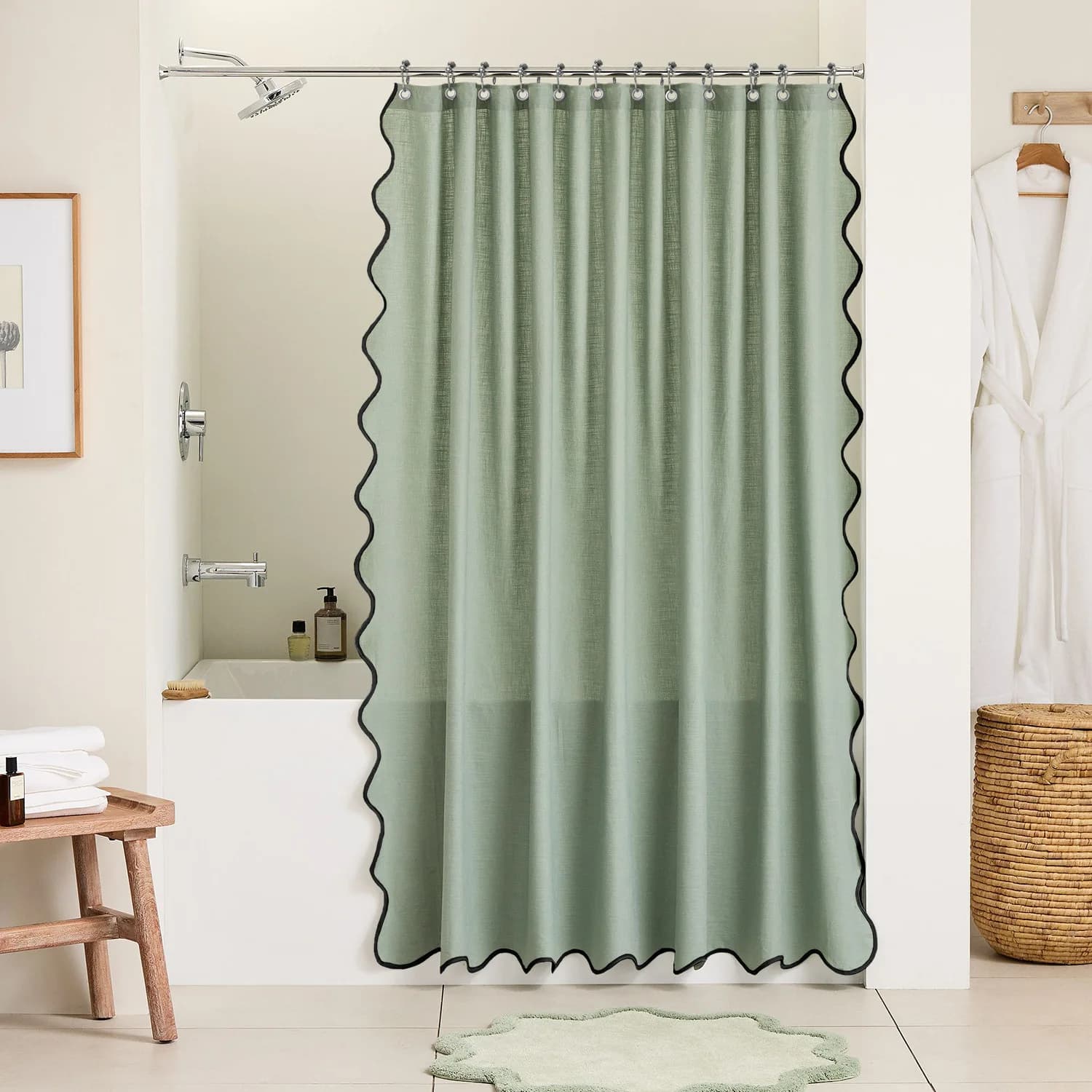 Tenda da doccia da bagno impermeabile ispessita simile al lino con bordo ondulato