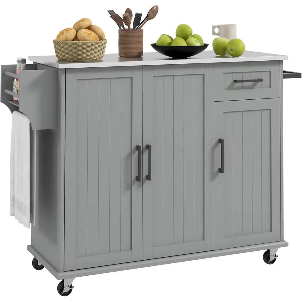 Carrello da Cucina Grigio con Ruote e Spazio di Archiviazione, 3 Armadietti, Piano in Acciaio Inox, Porta Spezie e Portasciugamani