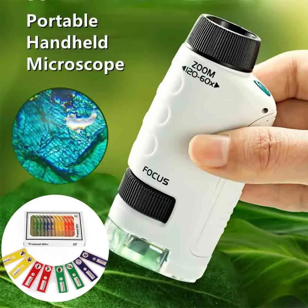 60-120x Mini microscopio tascabile Kit giocattolo scientifico per bambini Microscopio portatile con luce a LED Giocattolo educativo per bambini all'aperto