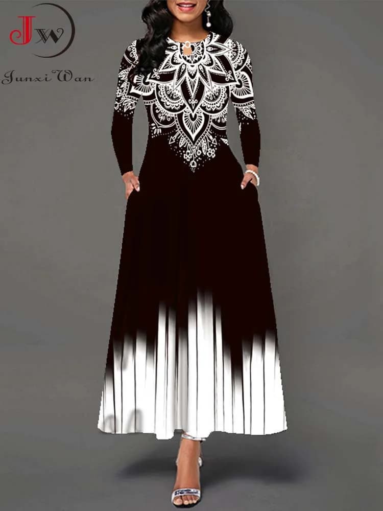 Primavera autunno Boho abiti lunghi donna elegante manica lunga Casual stampa floreale Beach Party Maxi Dress
