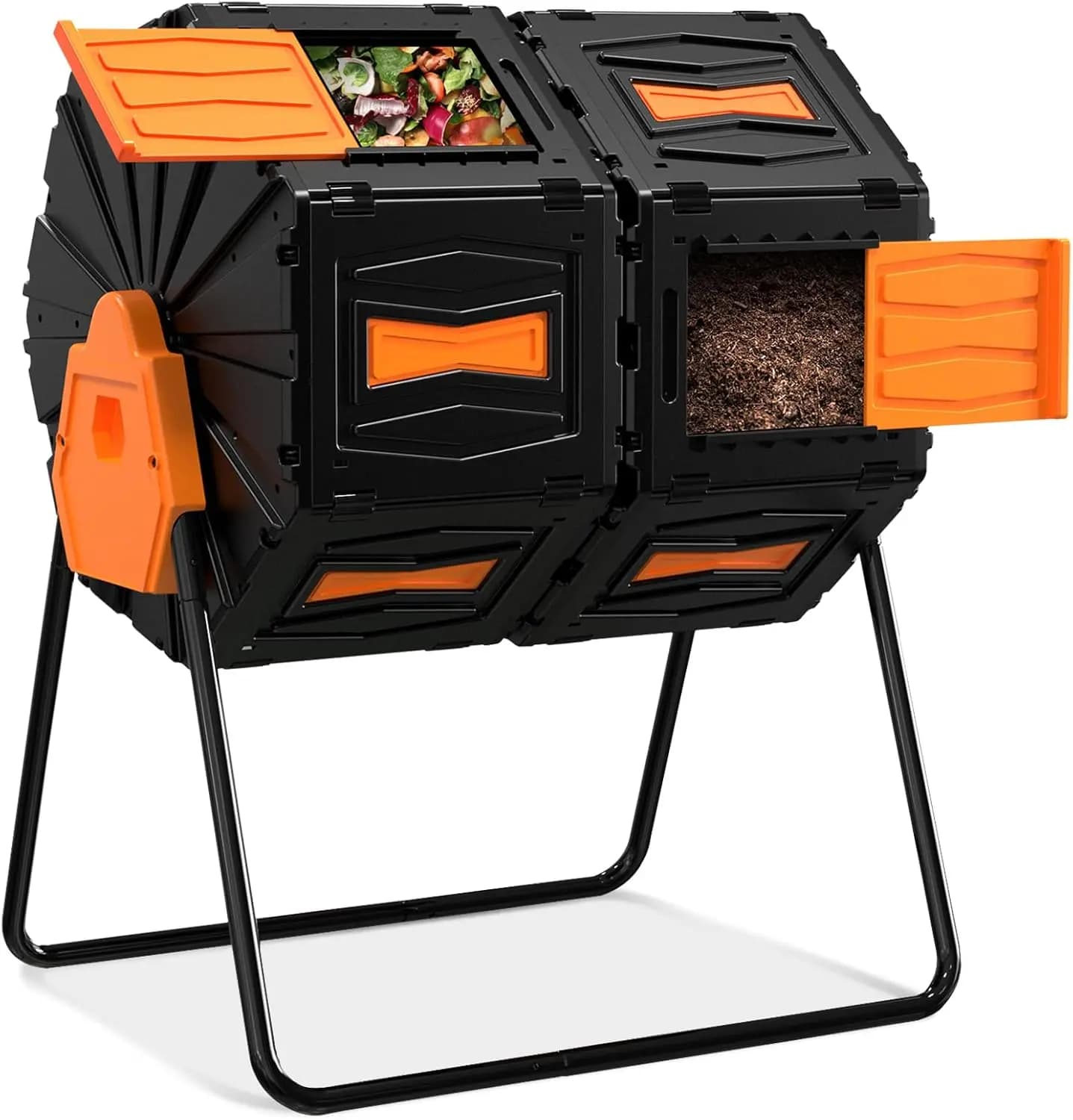 Compostiera Rotante a Doppia Camera Grande 170 Litri (45 Galloni) Facile da Montare Efficiente per Giardino Cucina Rifiuti da Giardino Porta Arancione