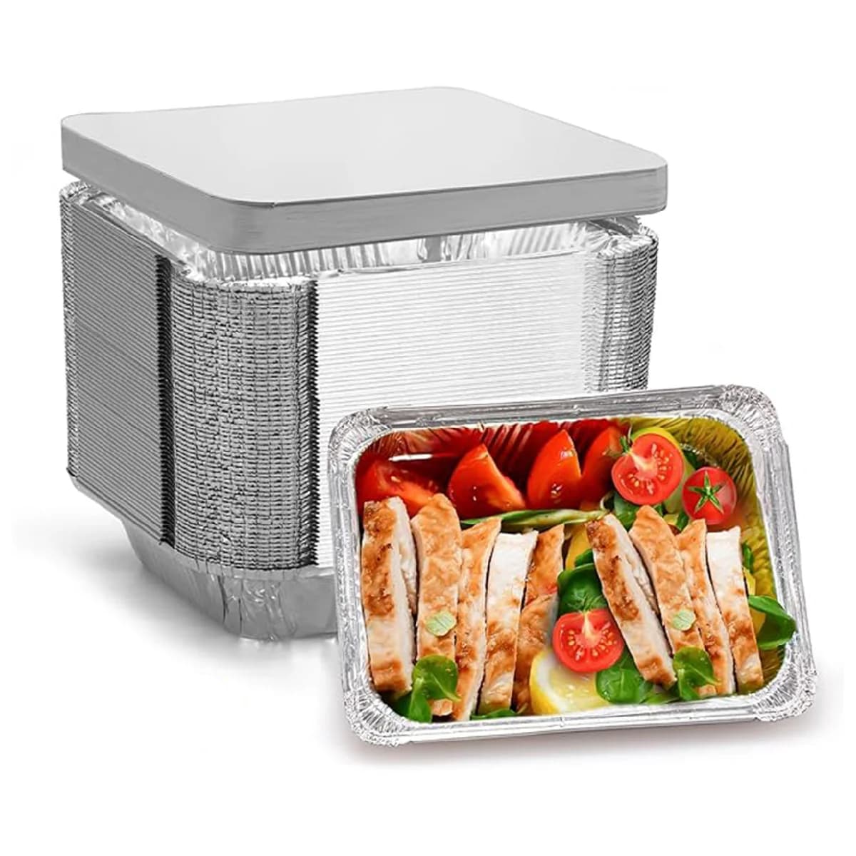 55 Pack - 2.5 LB To Go Aluminum Containers with Board Lids - 8.7' X 6.2' Heat Proof Foil Tins for Meal Prep, Take Out, Freezer Meals