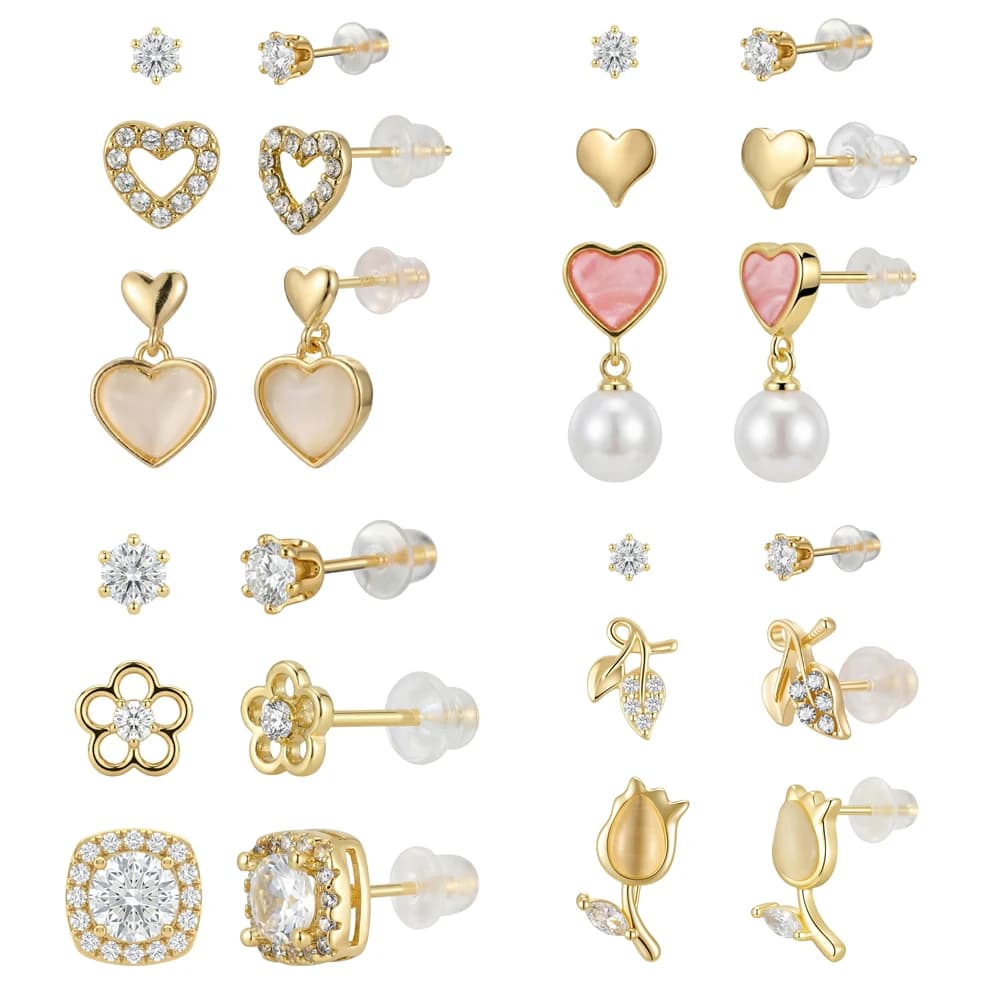 3 Pairs/Set Heart Flower Stud Earrings for Women Girls Zircon Pearl Earring Set Multiple Piercing Cartilage Earring Jewelry