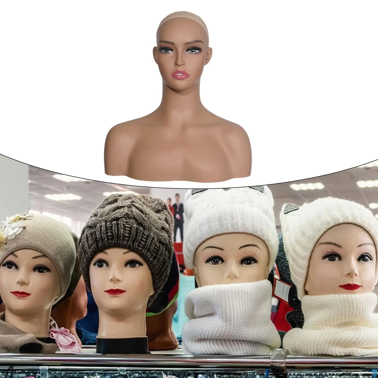 Testa di manichino femminile con espositore per parrucca a spalla per orecchini sciarpe