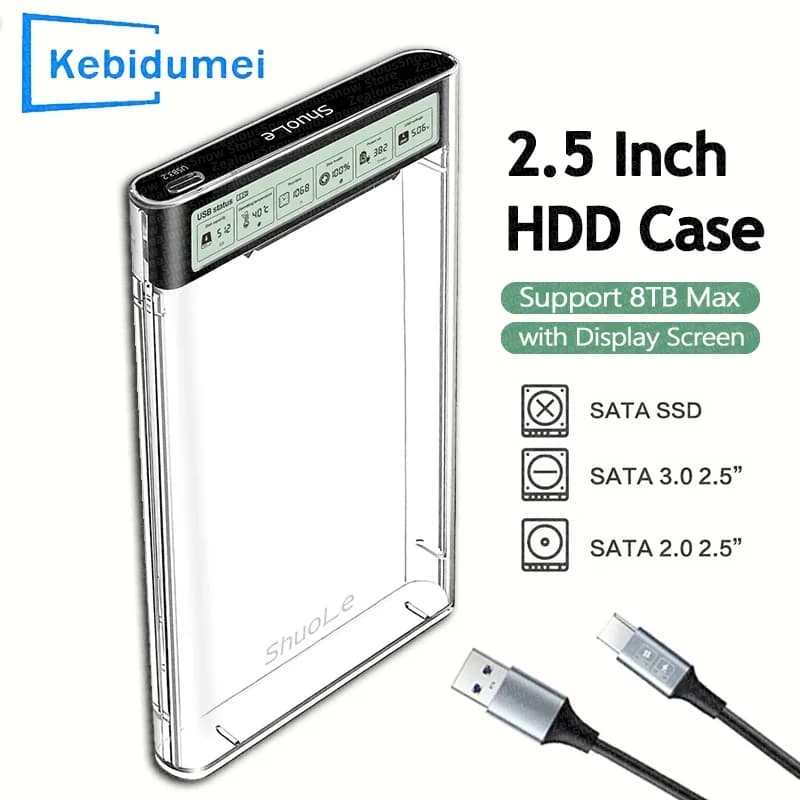 Custodia per disco rigido esterno SSD HDD da 2,5 pollici USB3.2 con schermo di visualizzazione Custodia portatile trasparente per PC portatile