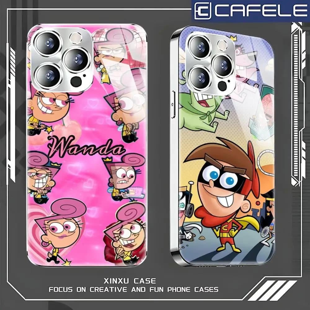 Cover for iPhone The Fairly OddParents in electroplated glass, new, for models 17 16 15 14 13 12 Pro Plus Max