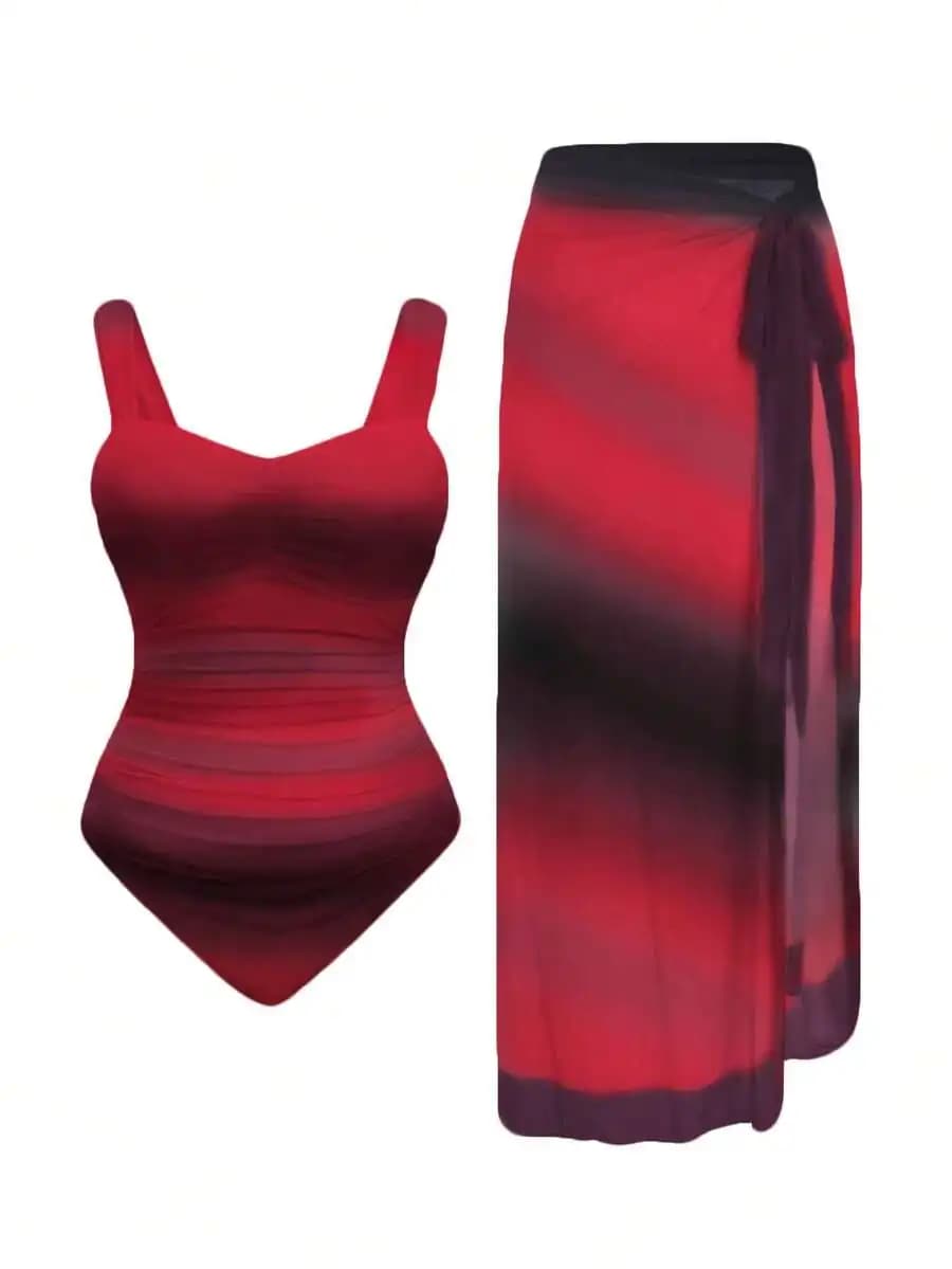 Ombre Ruched One Piece Swimsuit With Wrap Skirt For Women Plus Size Beach Vacation