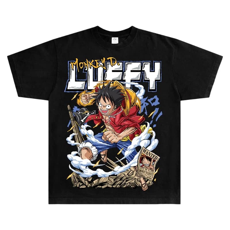 T-Shirt One Piece con Poster Wanted di Monkey D. Luffy, 100% Cotone, Grafica Anime, Oversize, Streetwear, Manica Corta, per Uomo e Donna