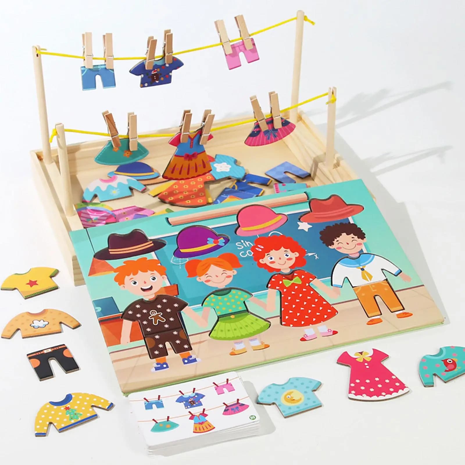 Puzzle da vestire in legno Gioco di abbinamento Vestiti per asciugare i vestiti Giocattolo educativo precoce Montessori Set di puzzle per bambini per bambini Ragazzi Ragazze
