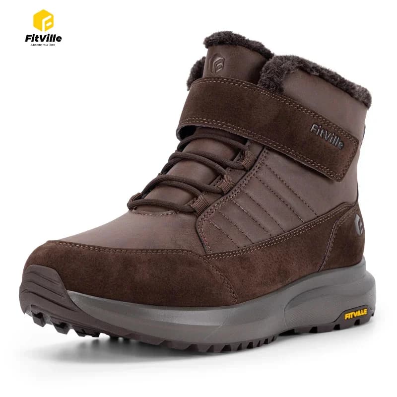 FitVille Mens Winter Boots Wide Fit Fur Lined Snow Boot Non Slip Outdoor Hiking Walking Shoe Water Resistant For Swollen Feet