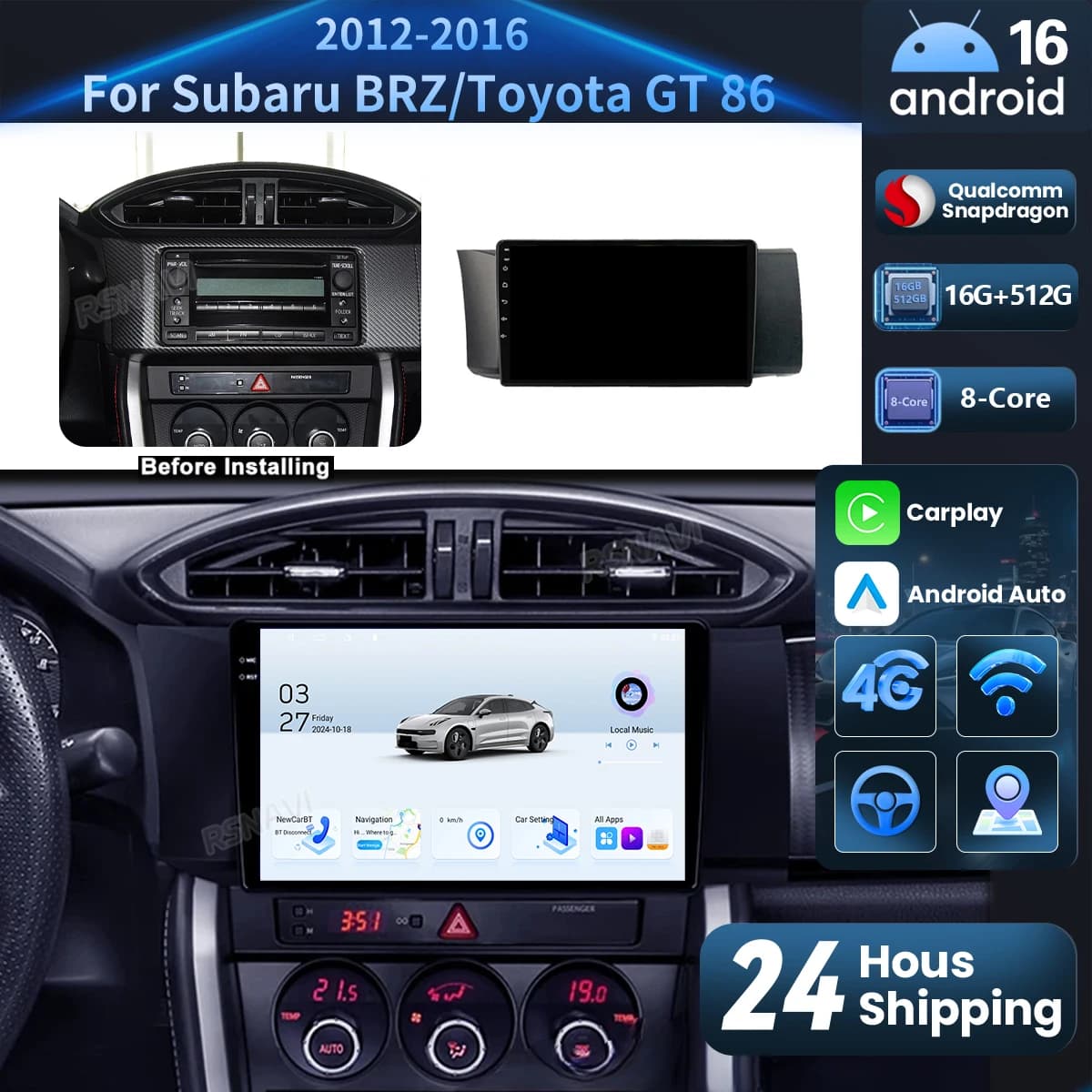 Autoradio multimediale Android 16 Carplay per Subaru BRZ 2012-2016 e Toyota GT86, stereo Qualcomm 16G-512G BT 4G