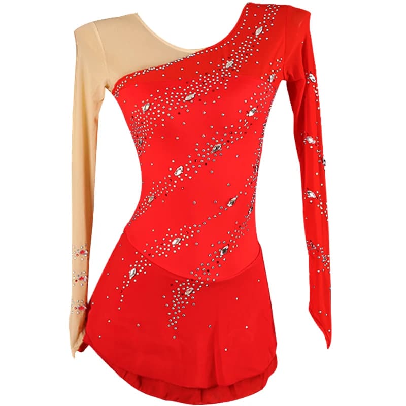 Abito da pattinaggio di figura Abito da pattinaggio su ghiaccio per ragazza da donna Costume da ginnastica personalizzato con strass di cristallo rosso B240