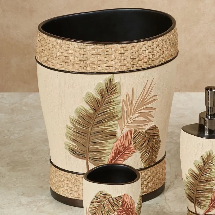 Key West Handpainted Tropical Bath Bathroom Multi Warm Fern Leaf Wastebasket