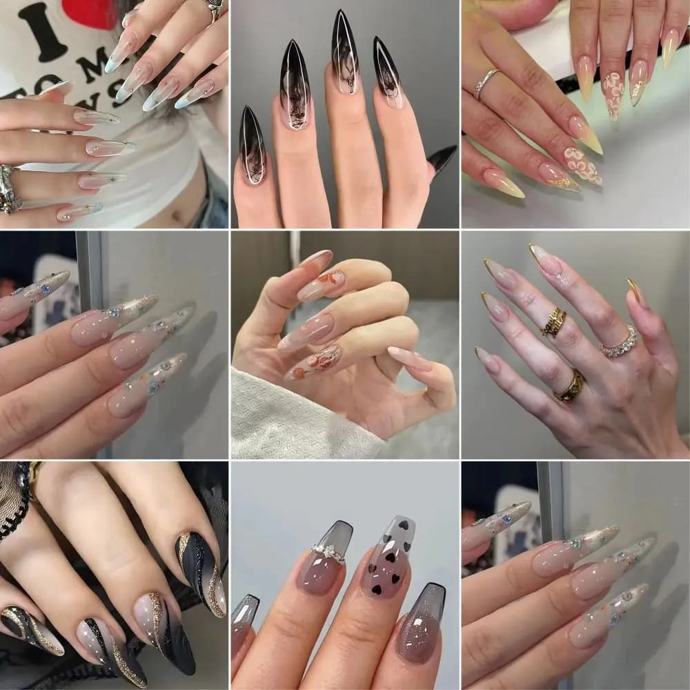 24/30PCS Spice Glitter False Nail Gilt French Flower Smudging Press on Nails Ink Painting Full Cover Fake Nail for Women Girl