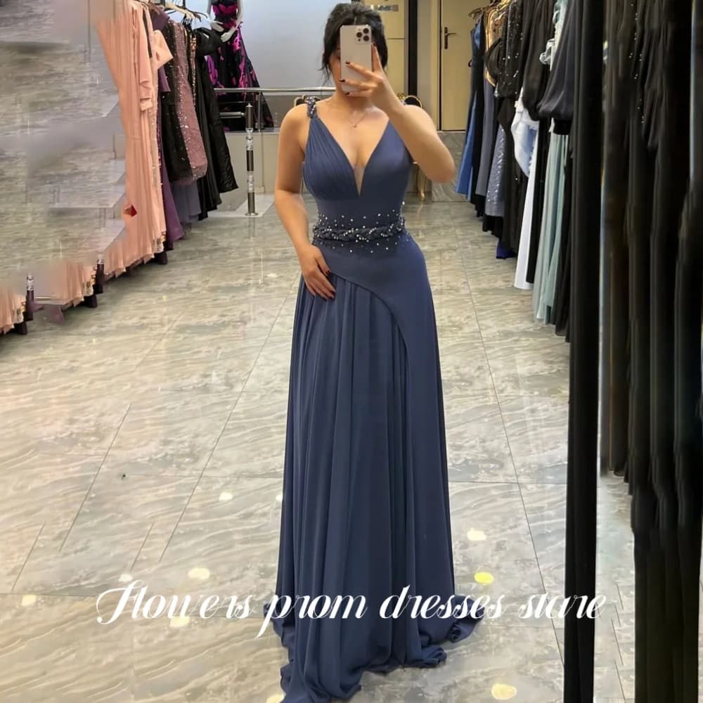 Abito con scollo a V a fiori Abito da festa a linea Abito da sera con perline Abito da cerimonia formale senza maniche per donne arabe personalizzato