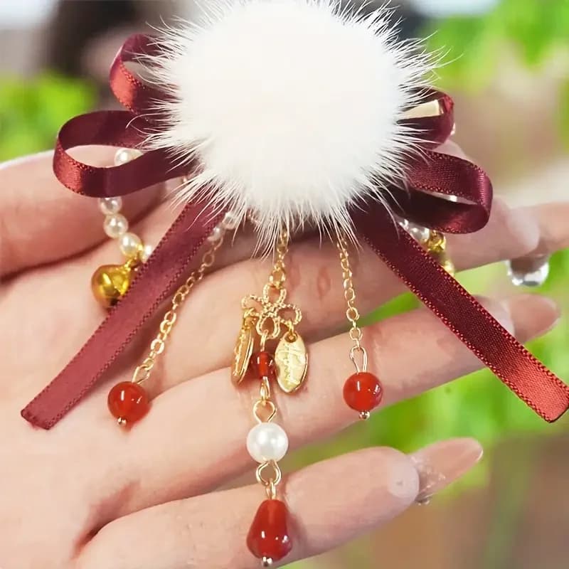 Fermaglio per capelli con fiocco in pelliccia 1PC con catena in nappa con perle finte Clip laterale in pelliccia bordeaux Accessorio per feste in peluche Fermaglio per capelli in pelliccia per regalo da donna