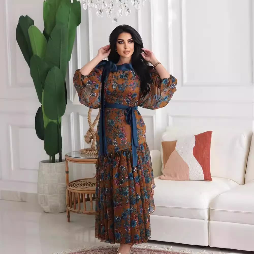 2025 Autunno e inverno nuove donne di moda temperamento sexy chiffon stampa grande pendolo cintura abito da sera palla