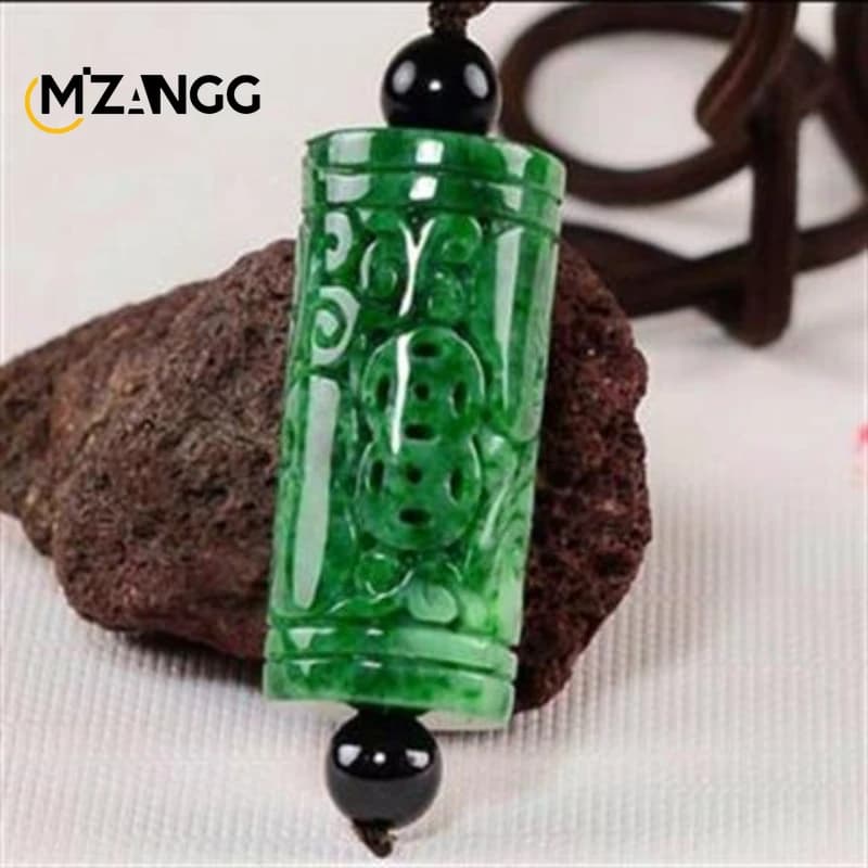 Ciondolo colonna drago verde secco in giada naturale, cavo intagliato, catena maglione Ruyi, collana di smeraldi, gioielli di moda per uomini e donne