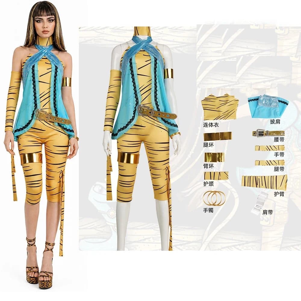 Cleo De Nile Bodysuit Cosplay Costumes Yellow Suit Belt and Props Full Set Cleopatra Style Unifrom for Hall Roleplay Adults Suit