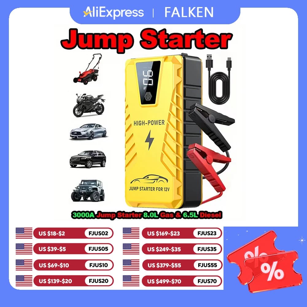 Car Battery Jump Starter Power Bank 2000A for 12V Vehicles and Moto Portable Car Battery Charger Smart Car Jump Pack with Smart Battery Clamps & LED Torch