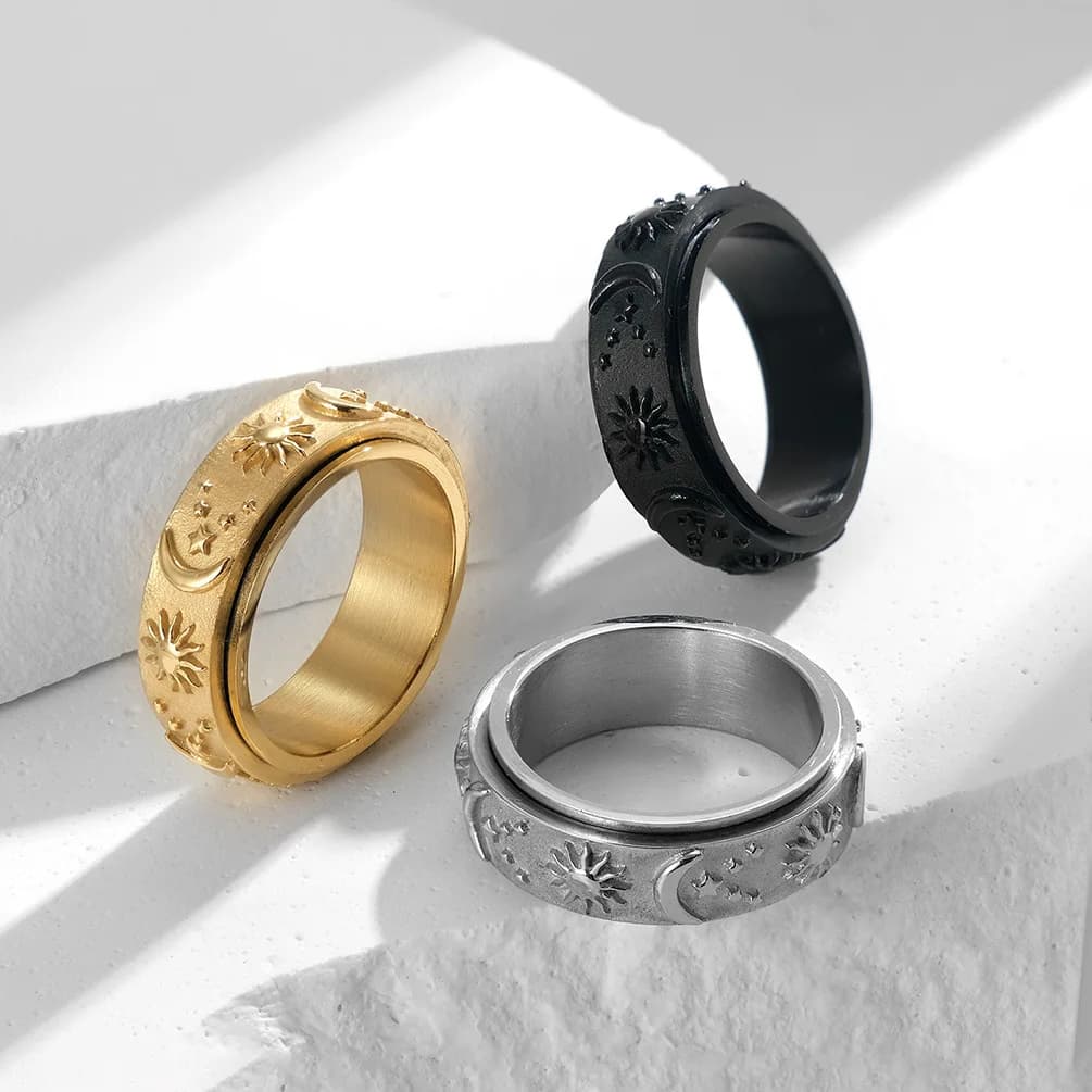 8MM Uomo Donna Sun&Moon Spinner Fidget Ring Anti-ansia Acciaio inossidabile Dimensioni ruotabili # 6-13