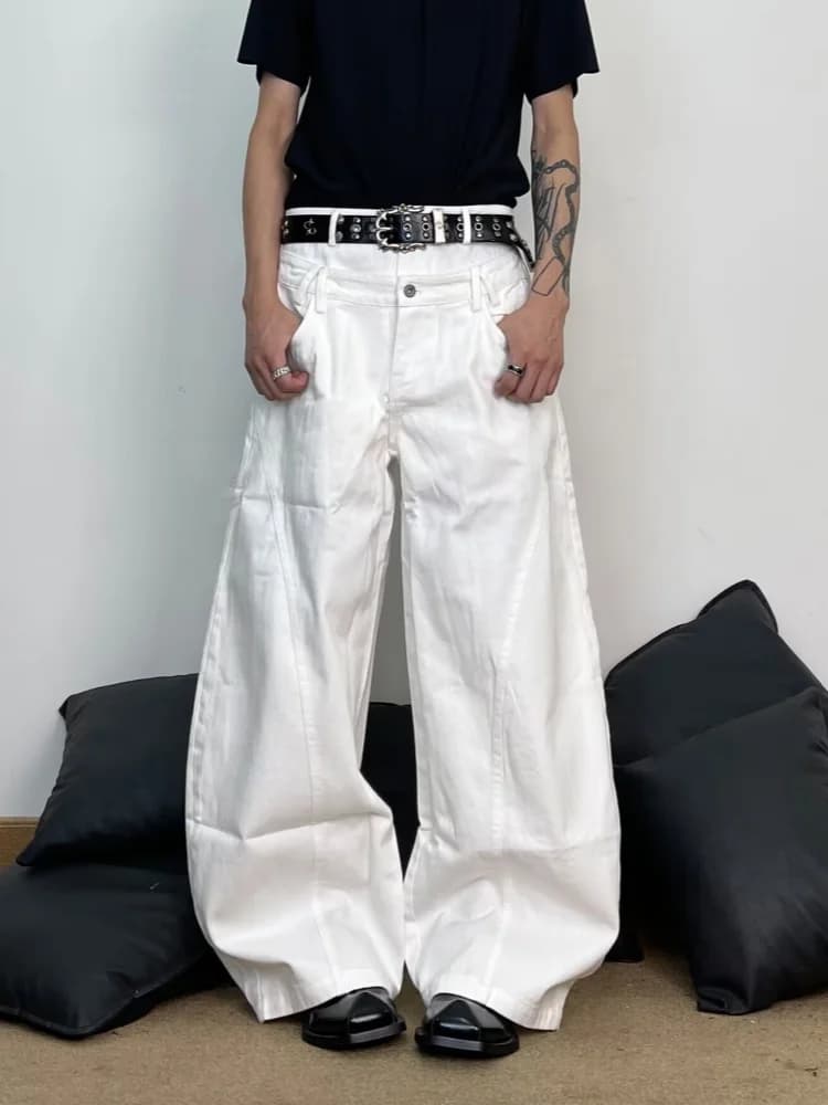 Jeans Baggy Bianchi da Uomo 2026 Stile Y2K con Doppia Fascia in Vita, Pantaloni Lunghi in Cotone a Gamba Dritta, Pantalon Hombre