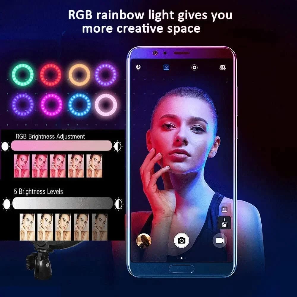 Lampada RGB da 10 Pollici con Telecomando, Luce ad Anello LED Colorata 3200-6500K con Treppiede e Supporto per Cellulare