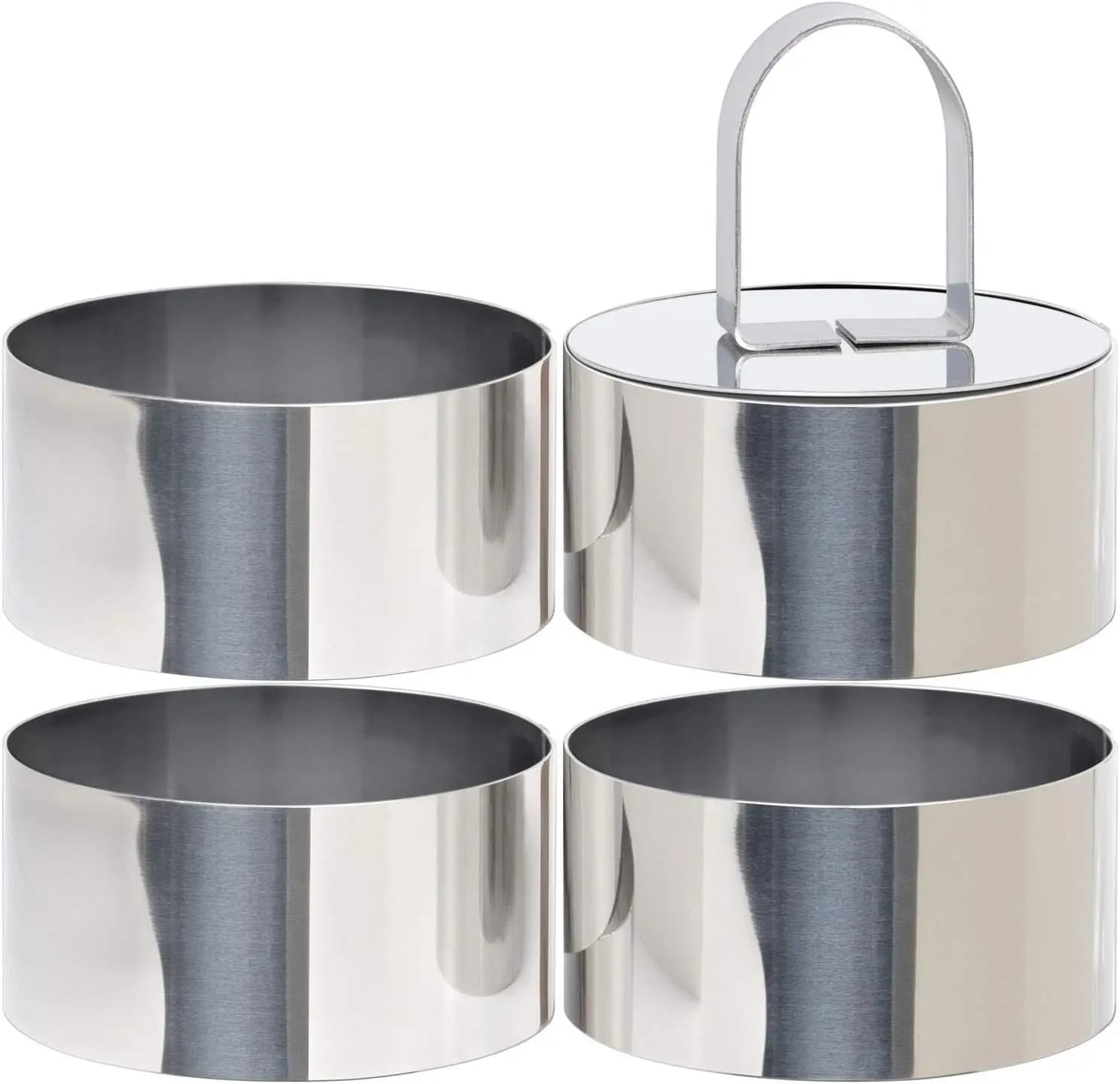 Set di 4 Stampi Rotondi in Acciaio Inox da 3 Pollici con Spingitore per Torte, Pancake, Insalate e Mousse