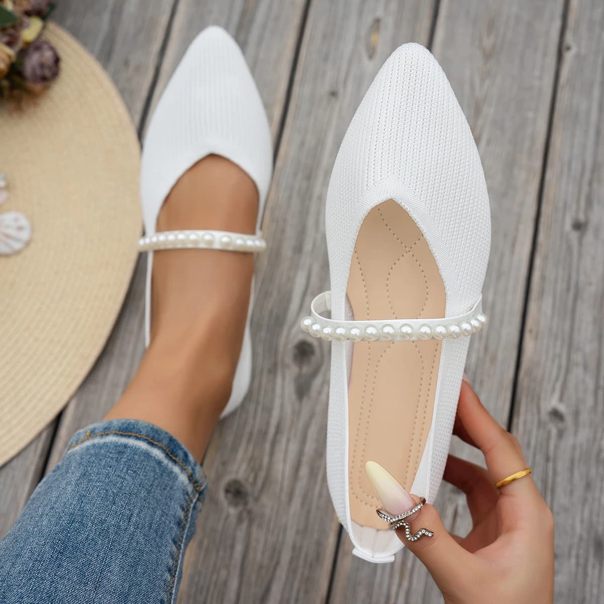 Mary Jane Fashion Casual Flat Shoes Summer New Large Size Pearl Pointed Toe Women's Shoes Low Heel Rubber Breathable