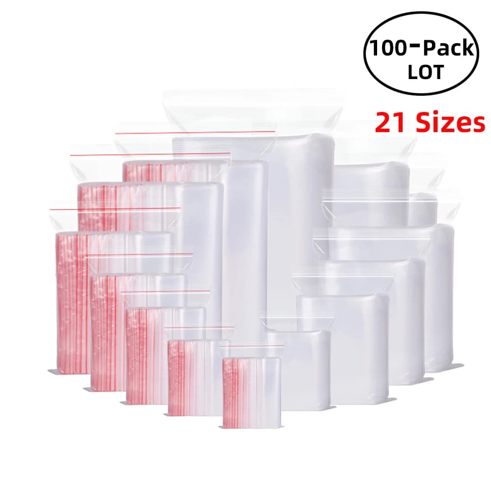 100 pz/pacco sacchetti richiudibili con chiusura a zip autosigillanti sacchetto di plastica trasparente in polietilene pacchetto di conservazione degli alimenti richiudibile sottovuoto fresco organizzare borsa