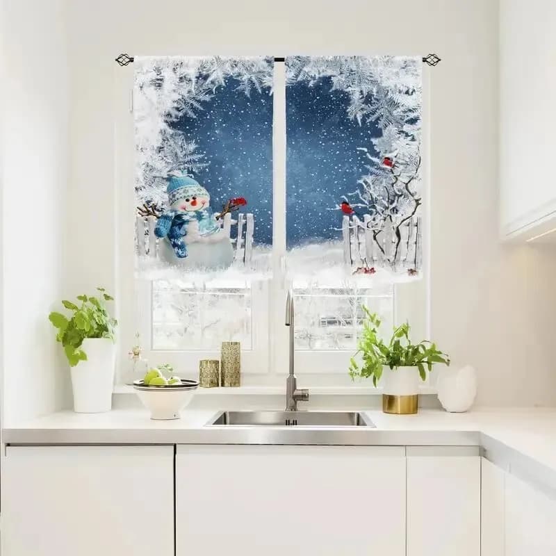 2PCS Digital Print Curtains, Snowman Blue Hat Scarf Red Birds Fence Snowy Forest, Winter Christmas for Living Room Bedroom Decor