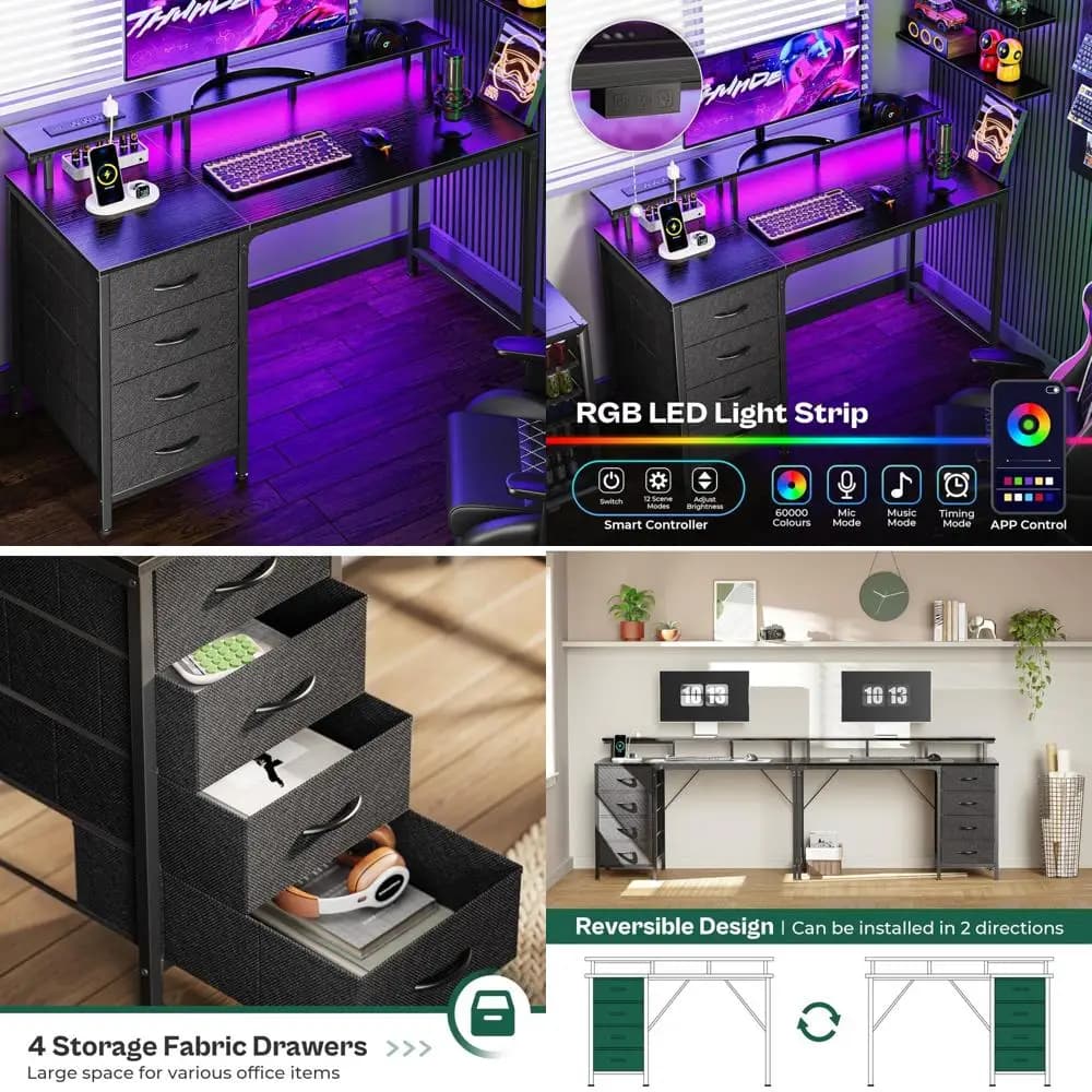 47 inch gaming and office desk with power sockets, LED lights and monitor support, with 4 drawers to store objects