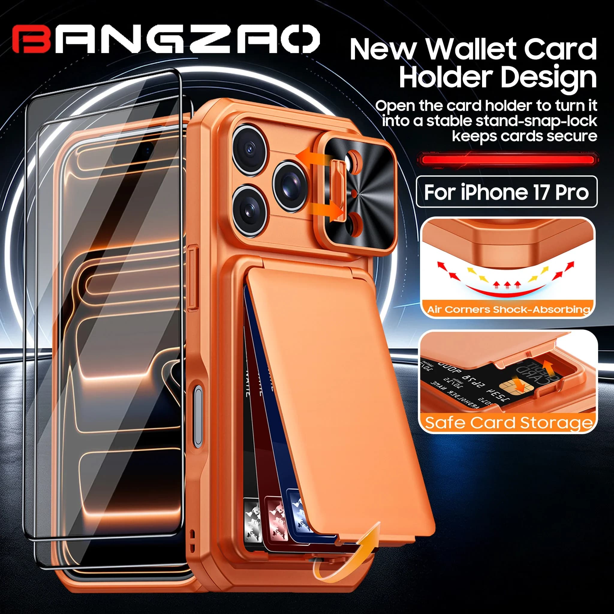 For iPhone 17 Pro/18 Pro Case, Build-in Military Grade Drop Protection,with RFID Blocking, Card Holder Phone Case-Orange