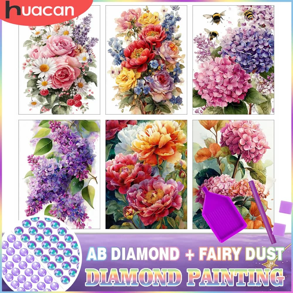 Kit Pittura Diamante HUACAN Fiore Rosa Ortensia AB Fairy Dust, Mosaico Floreale Lilla con Diamanti Rotondi Completi