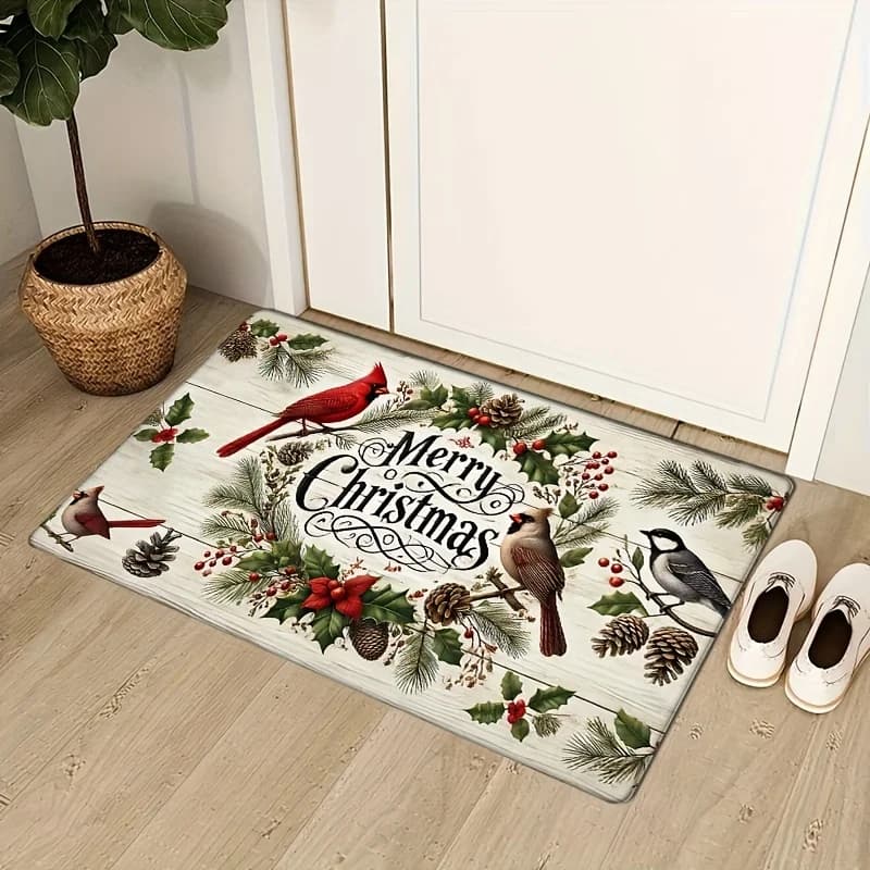 1pc of Flannel Christmas Red Ear Thrush Non-Slip Mat, Washable Home Floor Mat, Merry Christmas! Thick 0.47 inch Sponge Suitable for Bedroom, Corridor, Kitchen