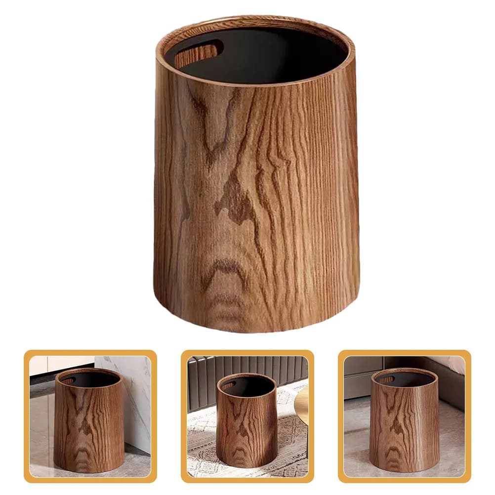 Imitation Wood Grain Trash Bin Large Capacity Plastic Wastebasket Home Office Kitchen Bathroom Multi Use Trash Bucket