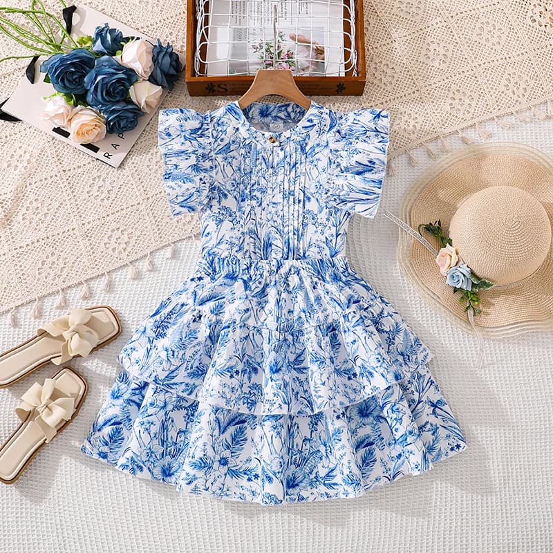Girls 8-12 Fashion Outfit, Blue Botanical Print Blouse & Elastic Waist Layered Skirt, Stylish Comfortable for Daily Outings