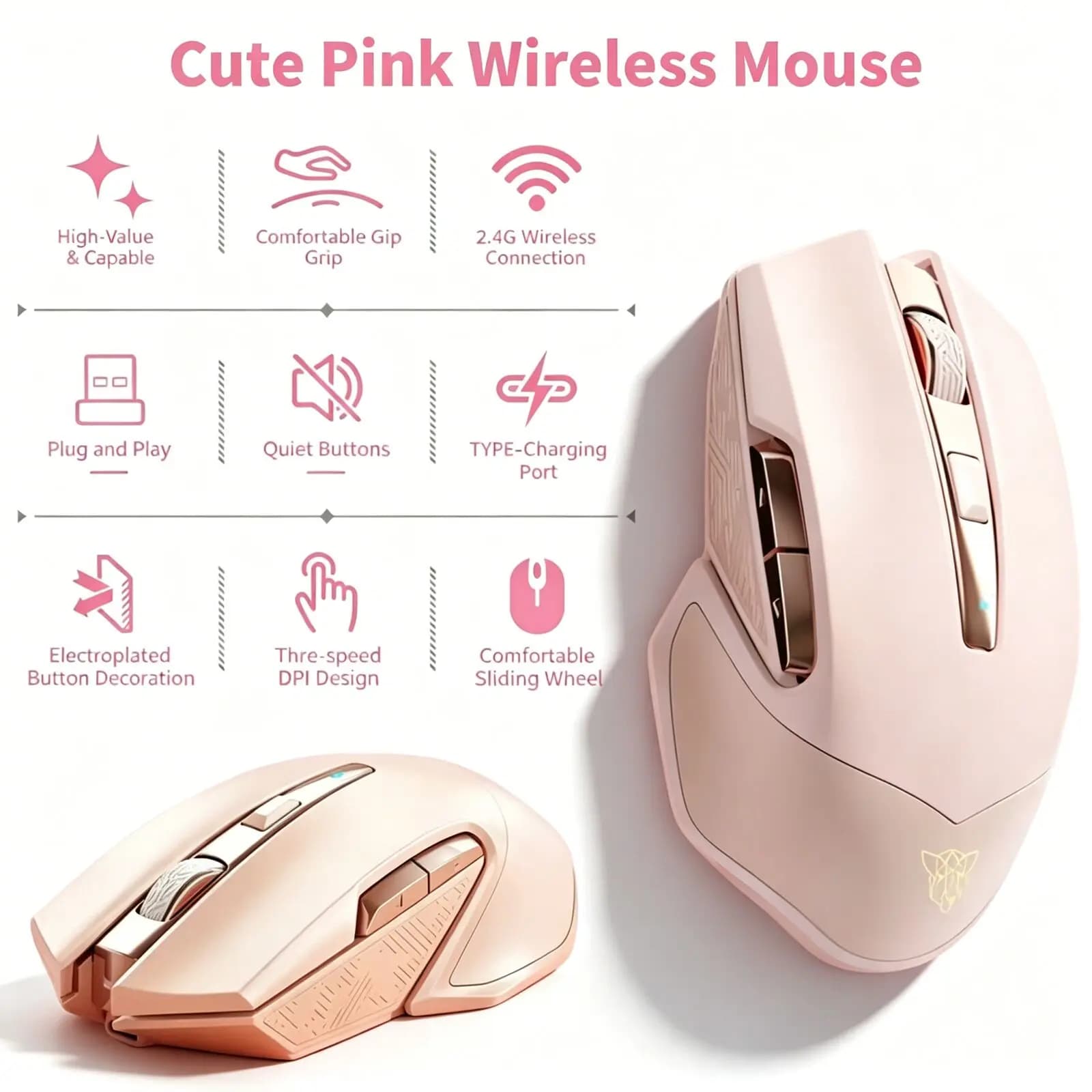 Cute Pink 2.4G Wireless Mouse Type-C Charging Ergonomic Power Display Silent Click Mice For PC Laptop Gaming Office Girls Gift