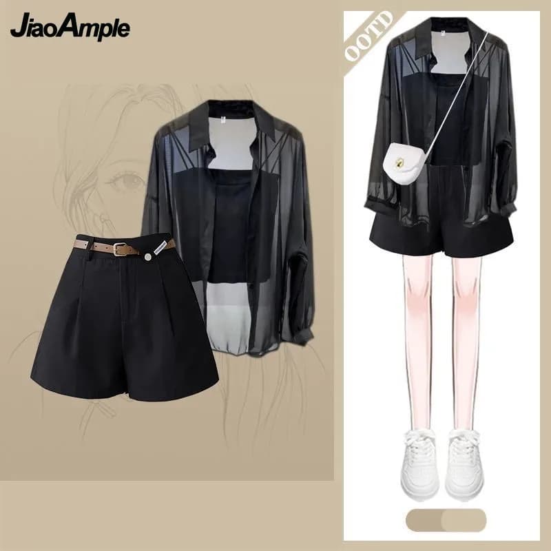 Camicia in chiffon con protezione solare di nuova moda estiva 2025 da donna + gilet + pantaloncini casual Set da 3 pezzi coreano elegante abbigliamento sportivo abbinato
