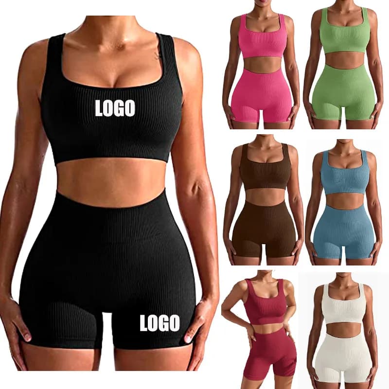 Personalized LOGO Women's New Strait Seamless Yoga Fishing Bra Yoga Vest Sports Fitness Bike Shorts Set High Life