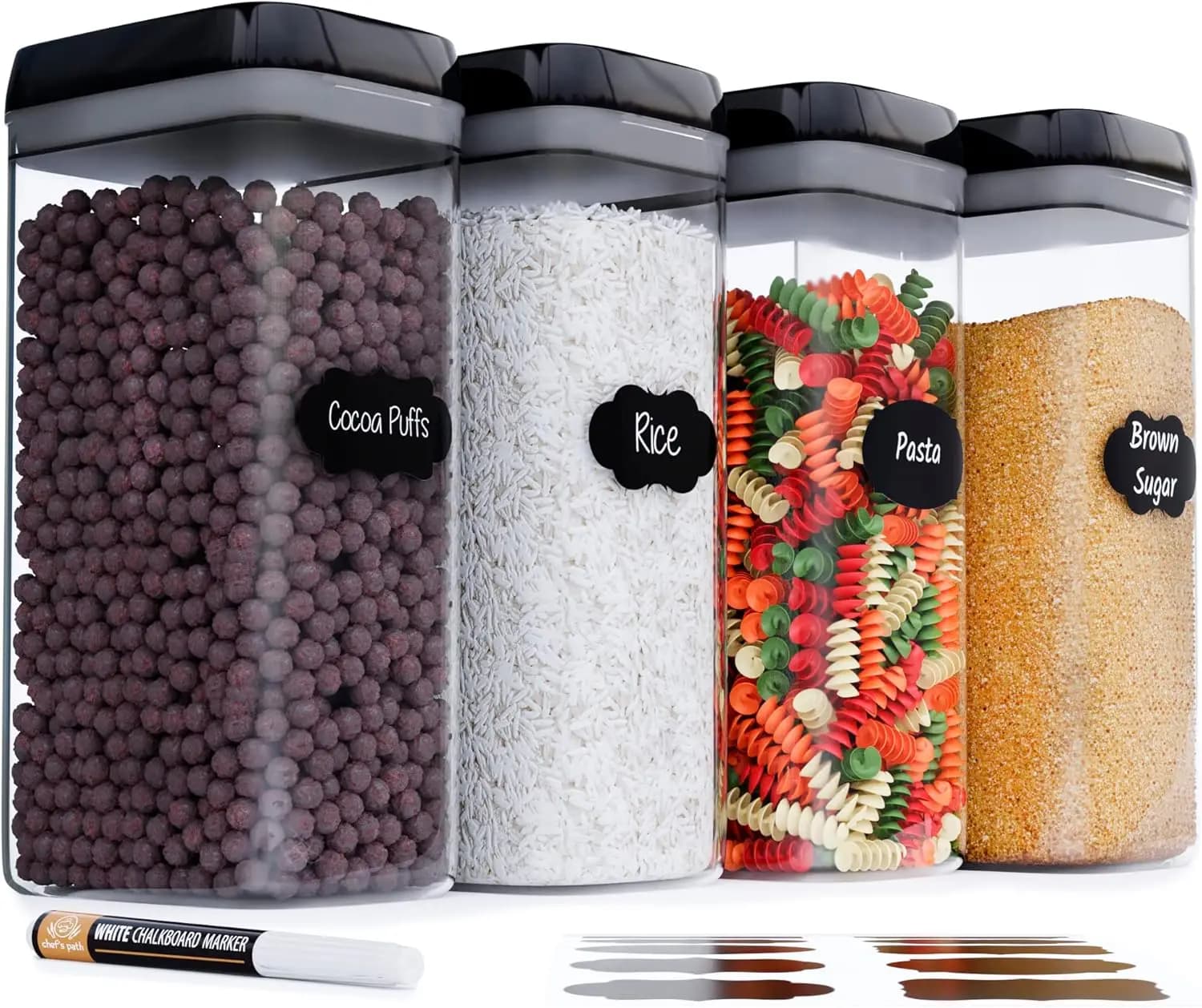 Contenitori Ermetici per Alimenti con Etichette - Set da 4 Contenitori in Plastica da 3,2L per Organizzazione Dispensa, Farina, Cereali, Pasta