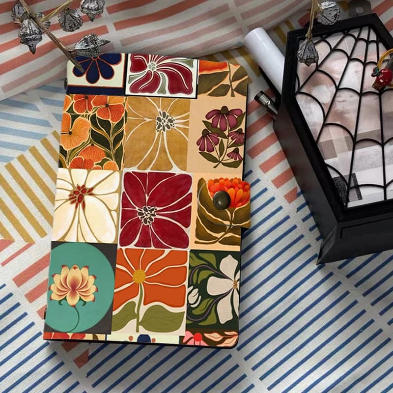 A6 Vintage Floral Tile PU Leather Notebook 6 Ring Binder Journal Retro Flower Pattern Planner Agenda Diary with Buckle Closure S