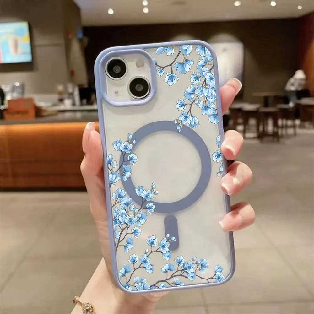 Cover per iPhone con motivo floreale blu per iPhone 17 16 15 14 12 11 Pro XS Max XR Air 16e 17e, trasparente, magnetica, per ricarica wireless