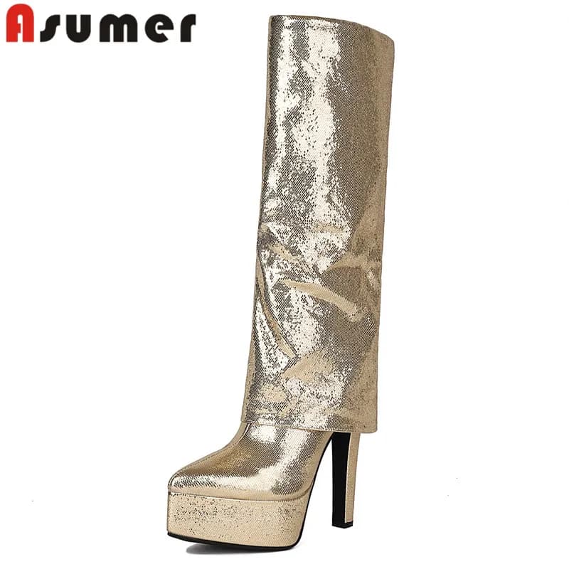 ASUMER 2026 Taglia 35-43 Nuovi Stivali Primaverili a Punta in Microfibra con Tacco Alto Sottile e Plateau, Stivali Alti al Ginocchio Slip-On da Donna