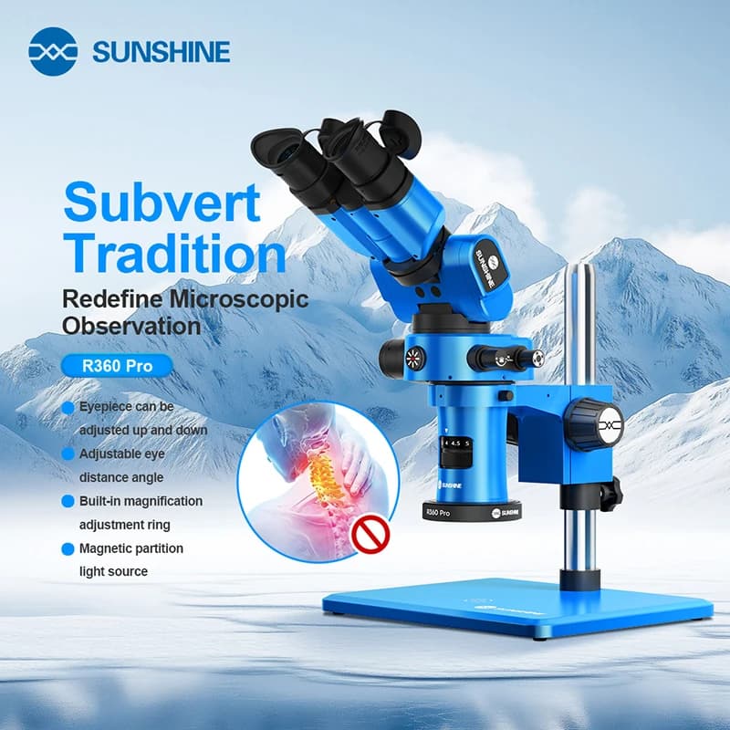 SUNSHINE R360 Pro Microscopio trinoculare Anello di regolazione dell'ingrandimento 0,7-5,8X/Strumenti di riparazione dell'angolo della distanza dell'occhio regolabile